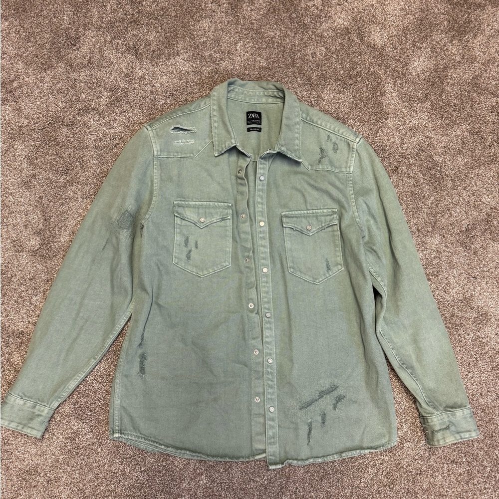 Zara Relaxed Fit Sage Green Denim Shirt Jacket